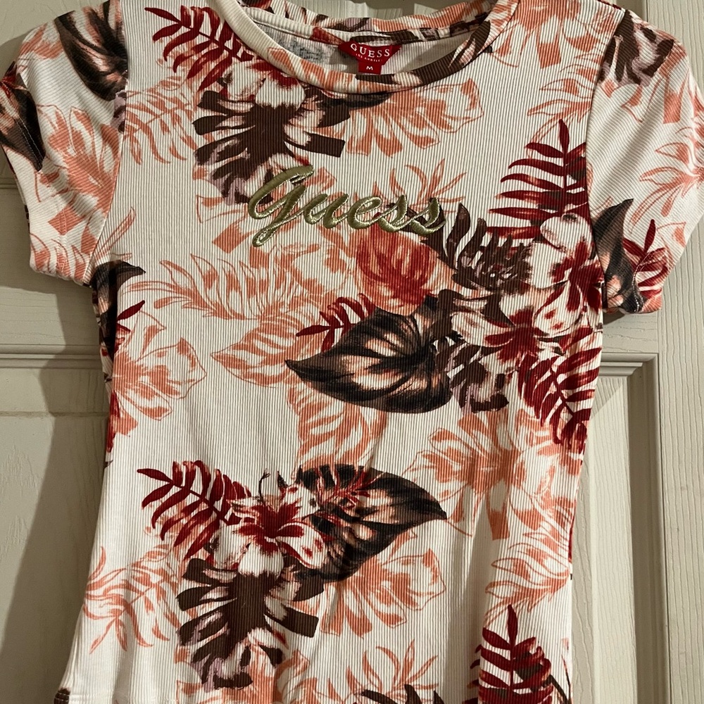 GUESS Women's Floral Print Top - White and Brown